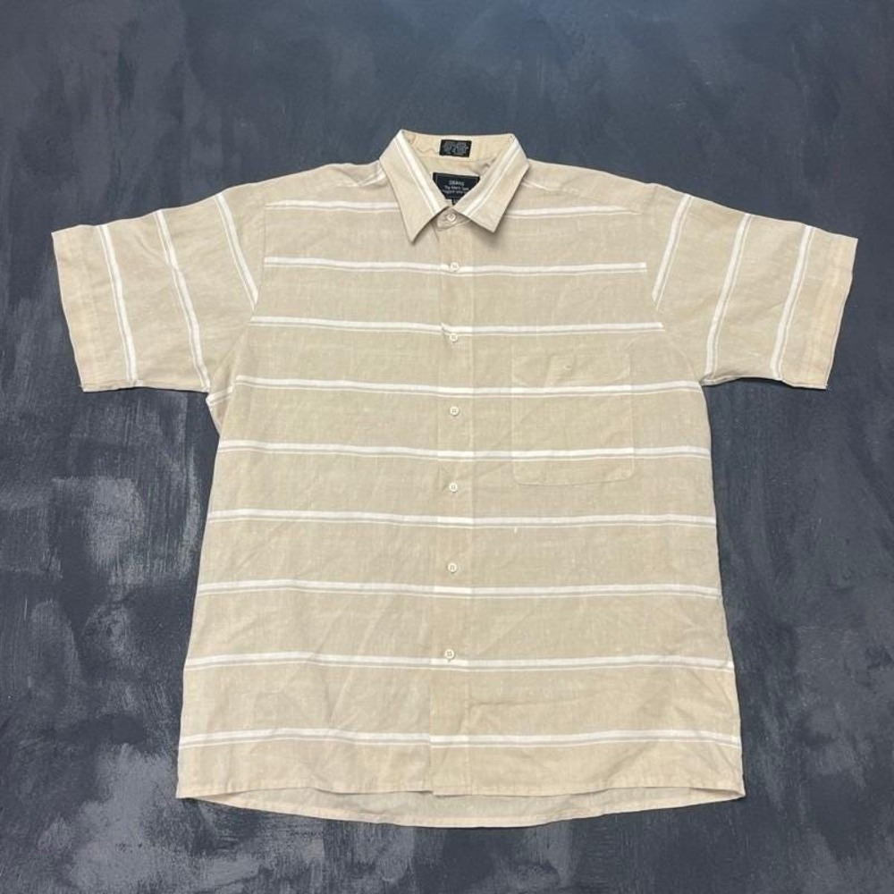 Vintage Sears Button Up Shirt Mens Large Beige 1980s Striped Short Sleeve